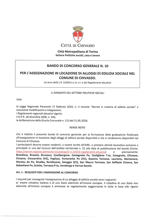 Città di Chivasso - 10° Bando di concorso per l'assegnazione in locazione di alloggi di Edilizia Sociale